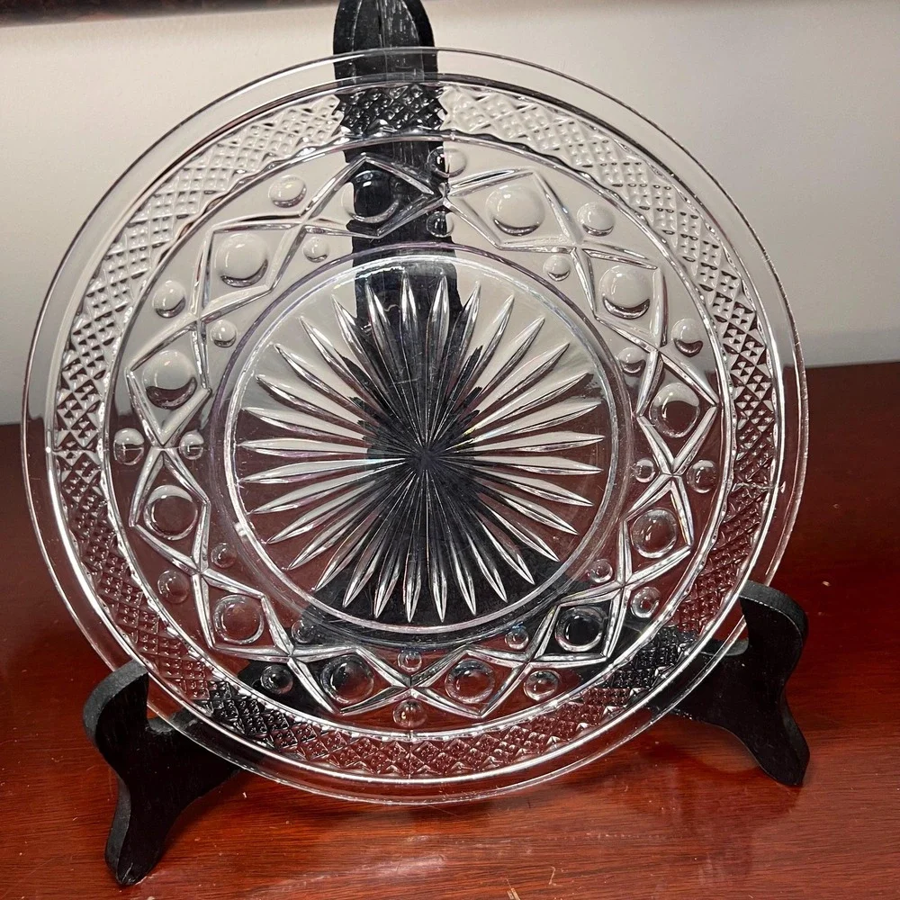 Vintage Clear Glass Salad Plates Set of 8 Starburst Diamond Dessert Plates